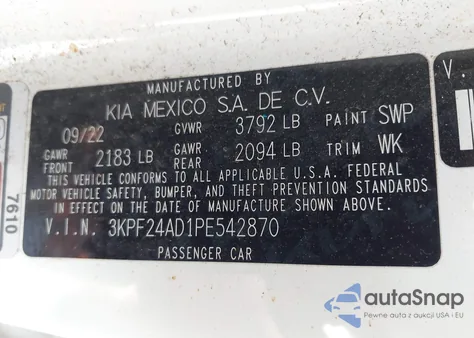 2023 Kia Forte Lxs z USA, uszkodzony, nr VIN 3KPF24AD1PE542870